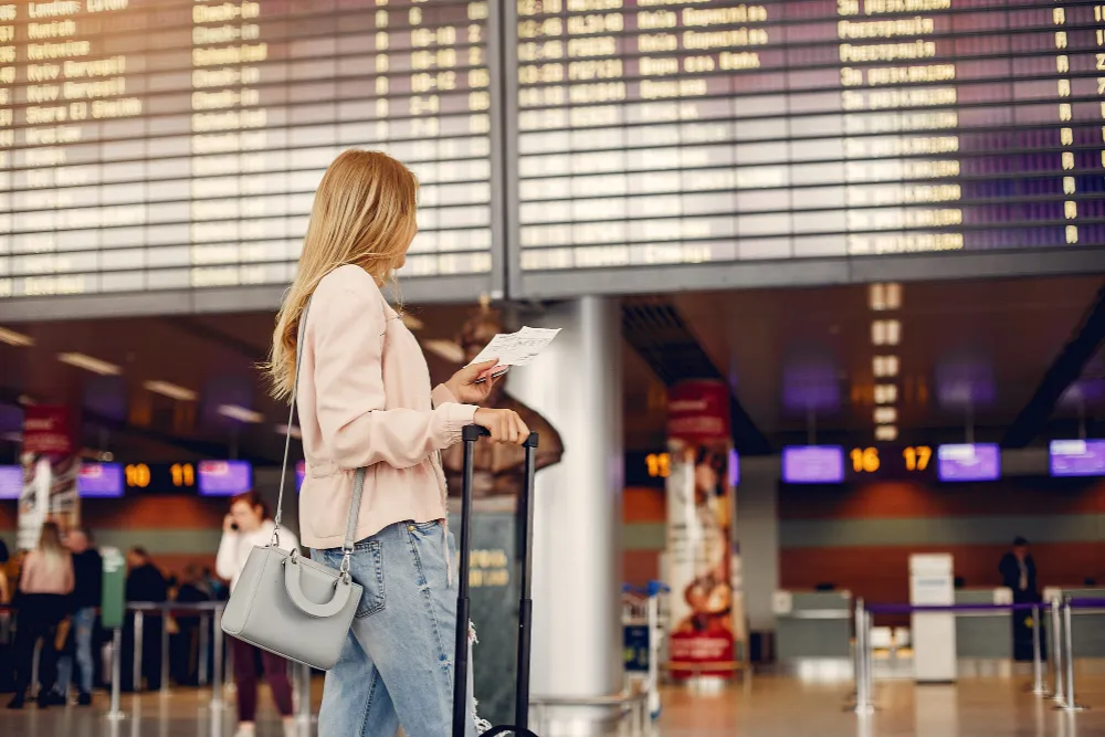 Turistă cu bilet în aeroport înainte de plecare, cu asigurarea de călătorie pregătită